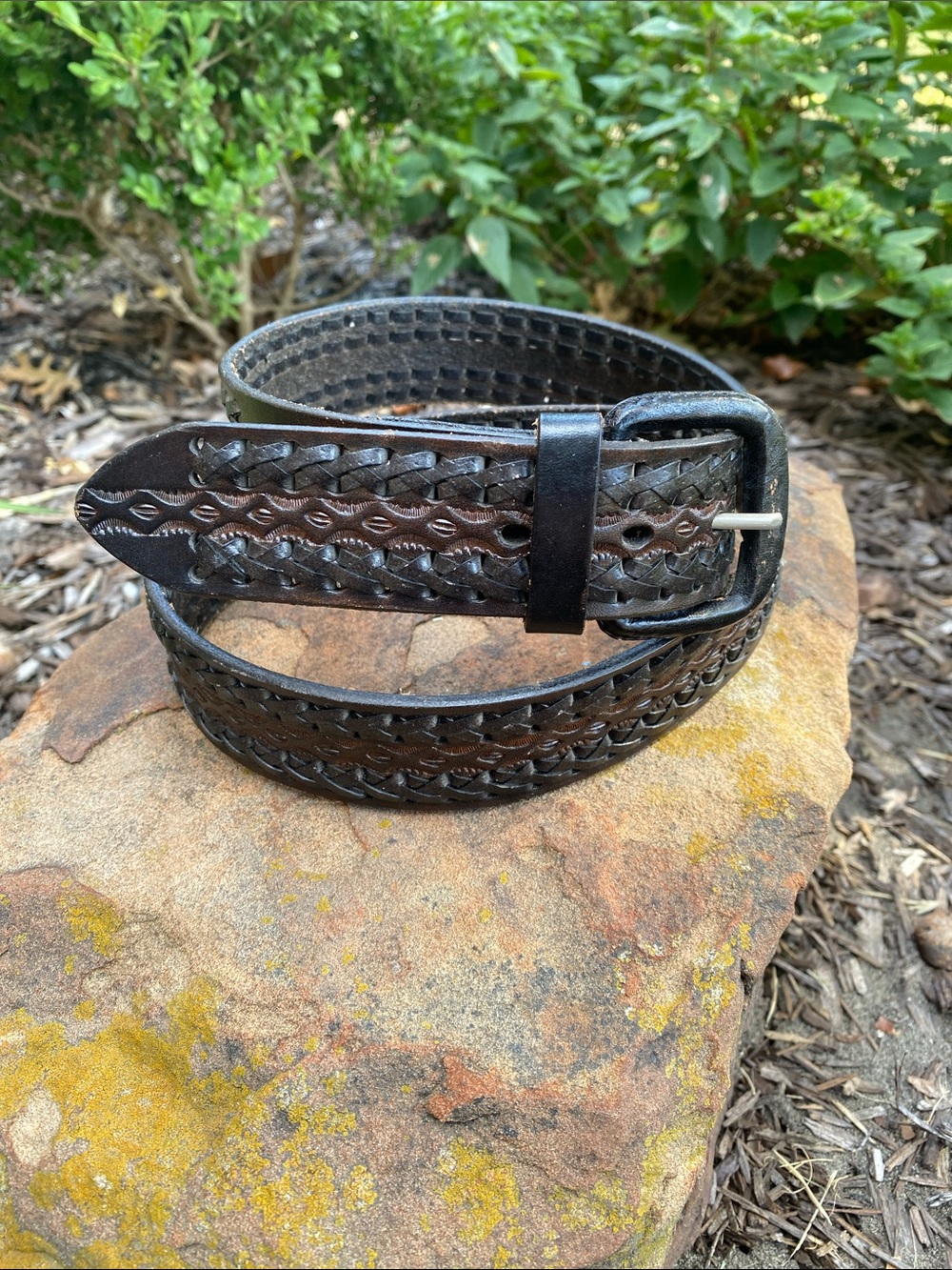 Men's Dark Brown Western Hand tooled & Braided Leather Belt